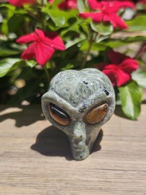 Green Moss Agate & Tiger's Eye Crystal Alien Figurine